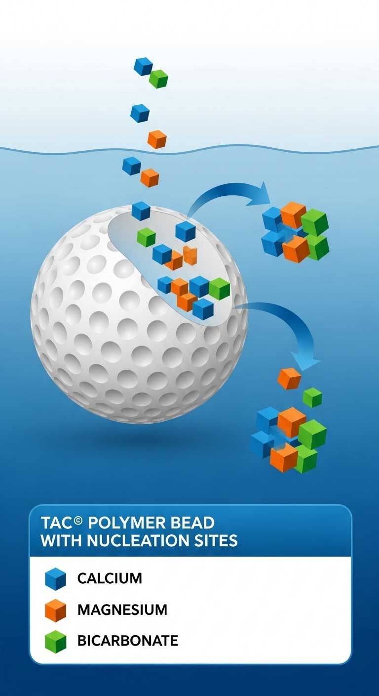 Diagram explaining how TAC technology works, answering the question 'do salt-free water softeners work' by showing mineral crystallization instead of removal.