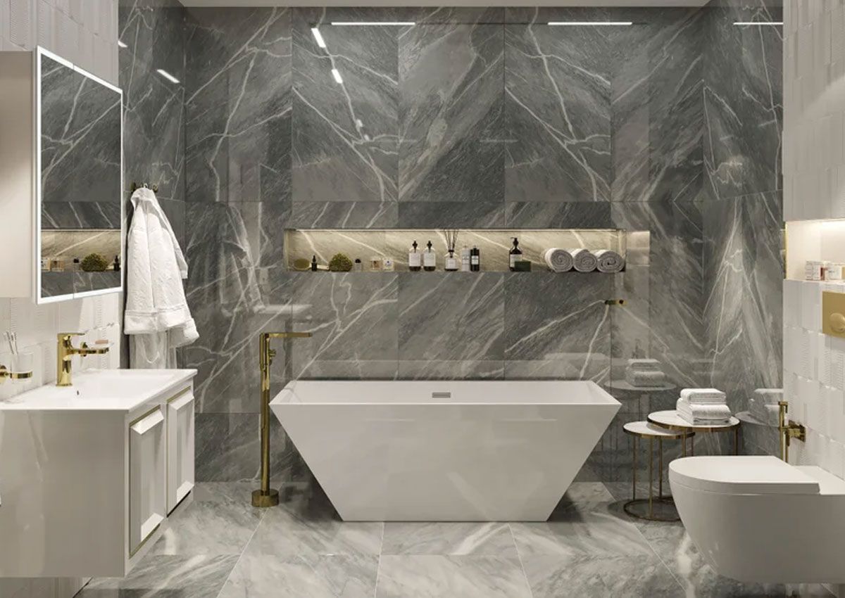 A flawless modern bathroom where designer gold fixtures and marble remain free of water spots thanks to a complete water filtration solution.