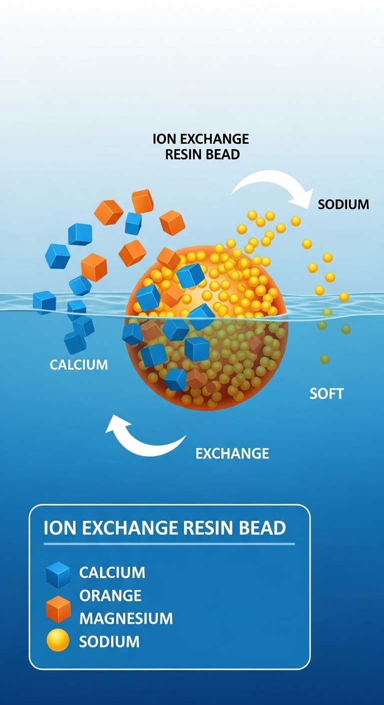 A diagram explaining how ion exchange works in a real water softener.