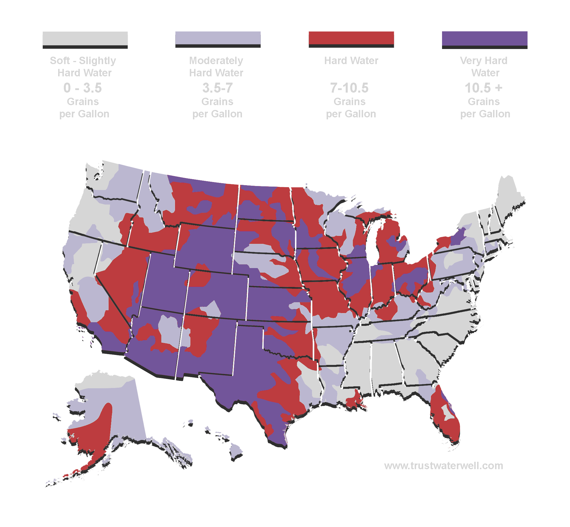 A map of the United States from the USGS showing water hardness levels, with red indicating very hard water in the Southwest and Midwest