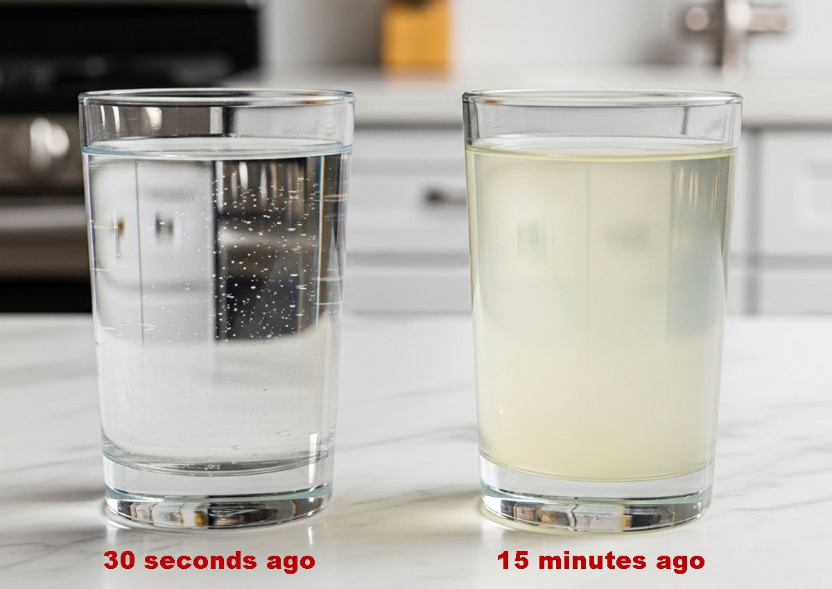 Two glasses of water demonstrating water quality change over time. The left glass, labeled '30 seconds ago', is clear. The right glass, labeled '15 minutes ago', is hazy and yellowish