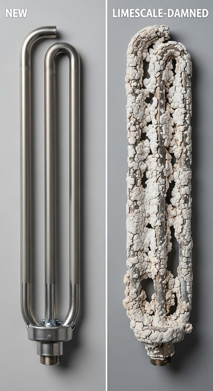 Side-by-side comparison showing a new, shiny heating element next to one completely covered in thick, white limescale