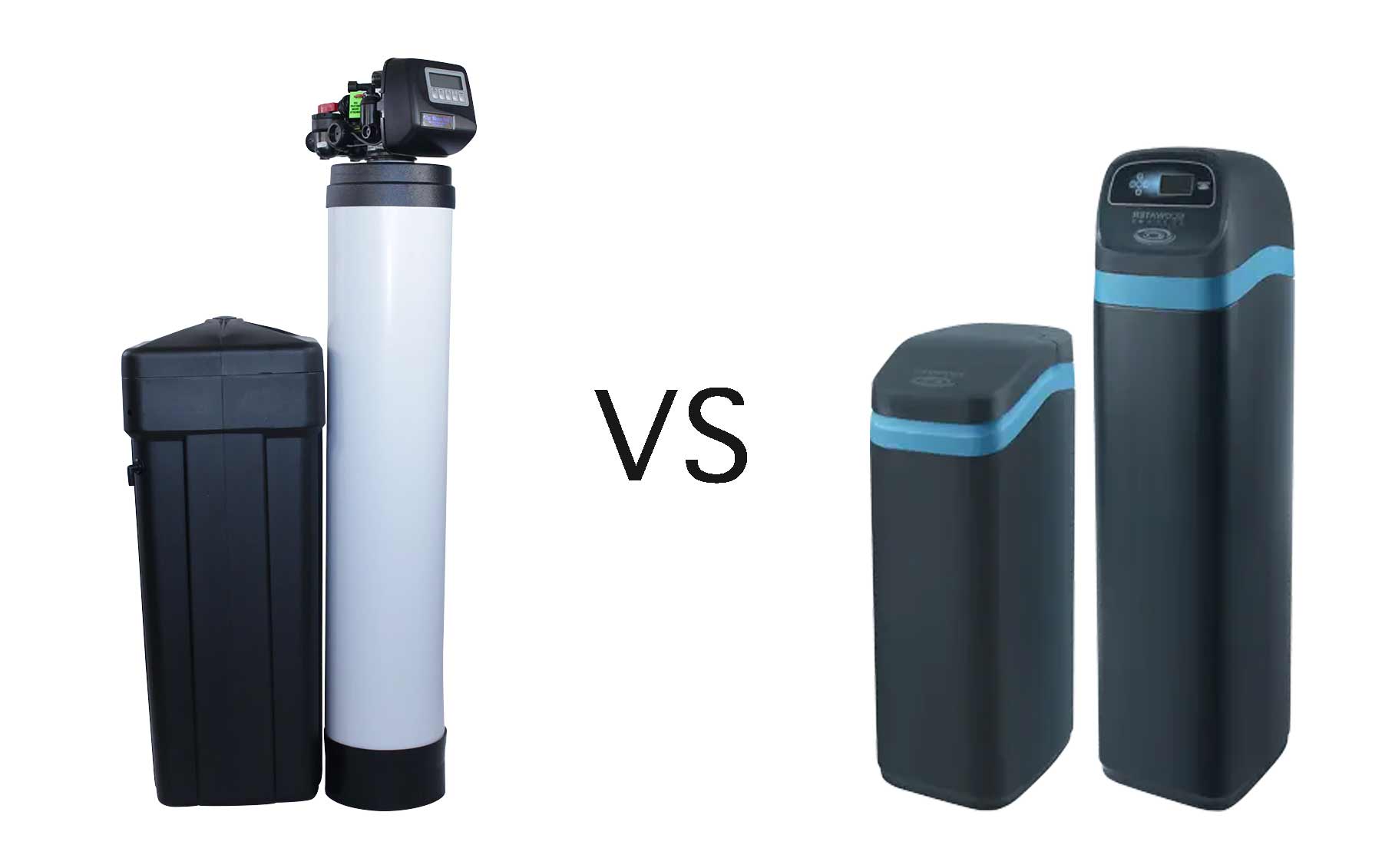 A side-by-side comparison of a two-tank water softener and a compact cabinet-style water softener.
