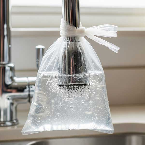 A plastic bag filled with vinegar tied around a chrome faucet to clean hard water stains.