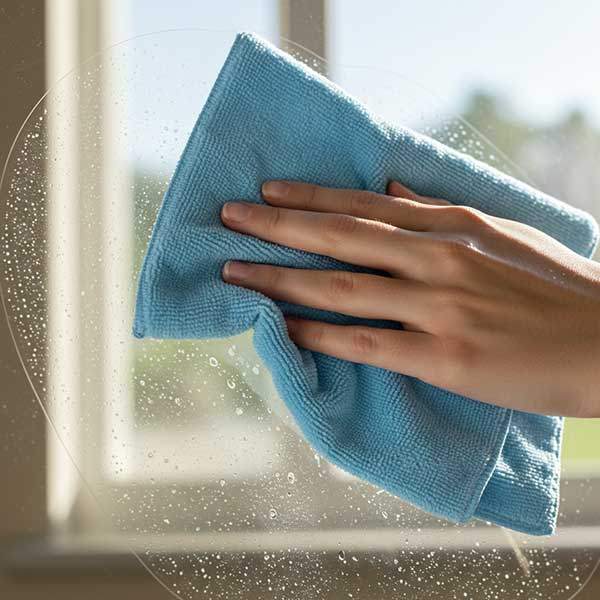 A microfiber cloth easily wiping away the dissolved hard water stains, revealing a clear glass surface underneath.