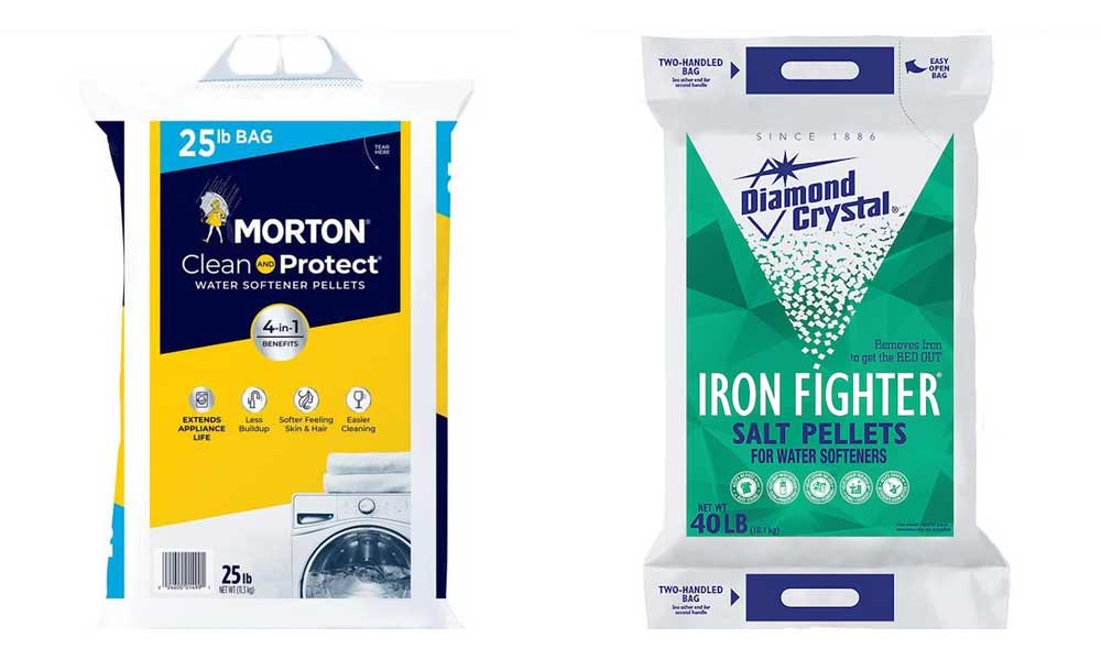 The iconic bags of Morton and Diamond Crystal water softener salt pellets.