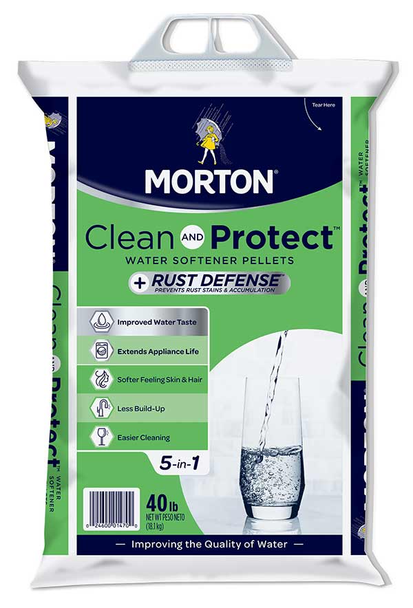A bag of Morton Salt Pellets labeled Iron Fighter.