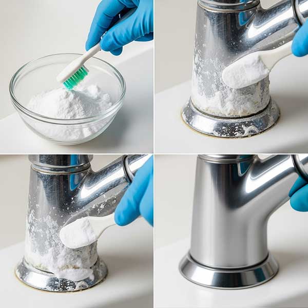 Applying a paste of vinegar and baking soda to thick hard water stains around the base of a faucet.