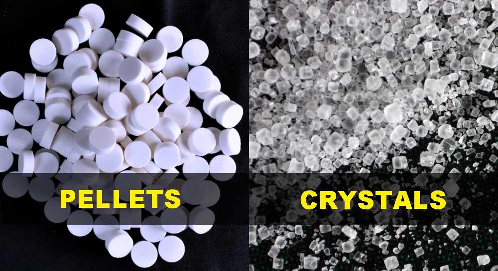 A visual comparison of pure evaporated salt pellets, solar salt crystals, and impure rock salt.