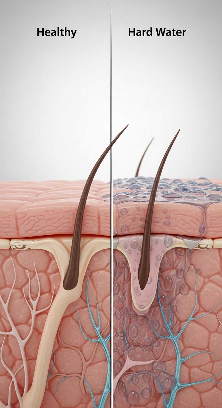 A diagram illustrating the hard water effects on a skin barrier, showing damage.