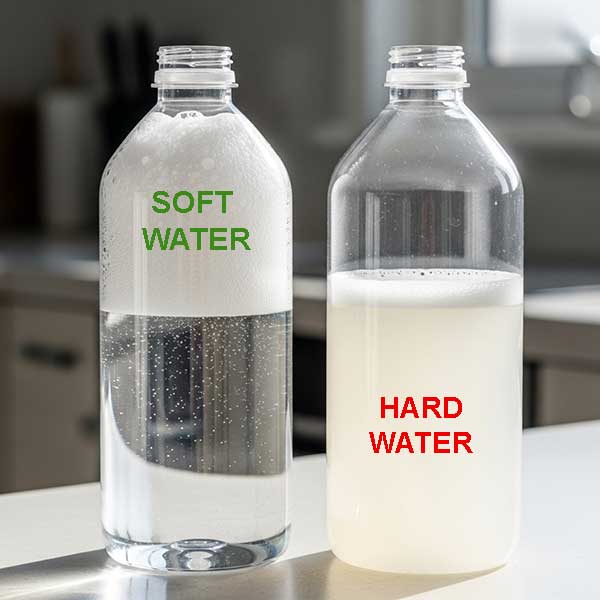 A person shaking a clear plastic bottle with soapy water that has no suds.