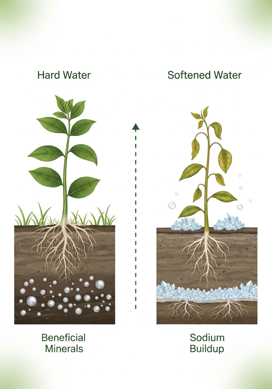 An infographic showing a healthy plant with hard water and a sad, yellow plant with softened water due to sodium buildup.