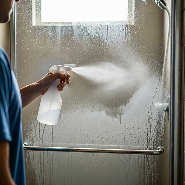 A person spraying white vinegar onto a steamy glass shower door with hard water stains.