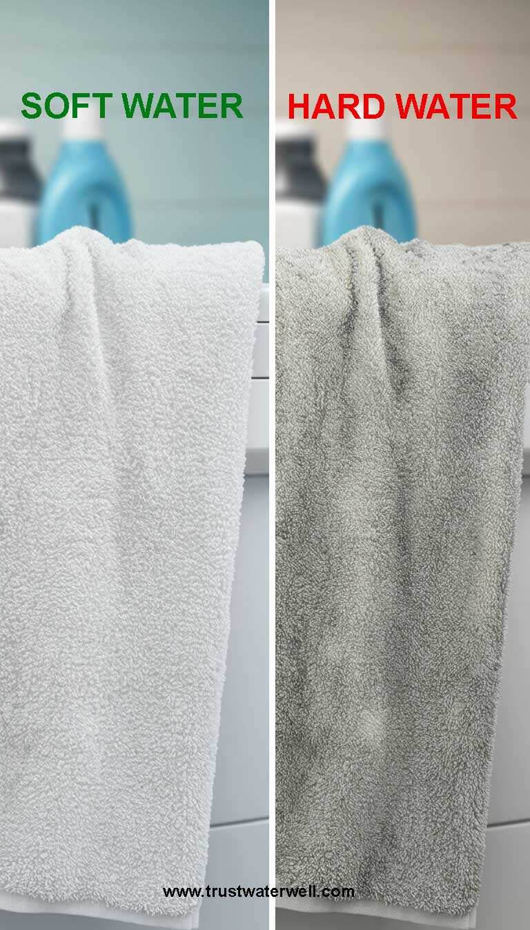 Two towels side-by-side: one is fluffy and white, the other is stiff and gray due to hard water effects.