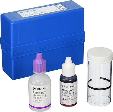A water testing titration kit with a test tube of colored water and a dropper bottle.